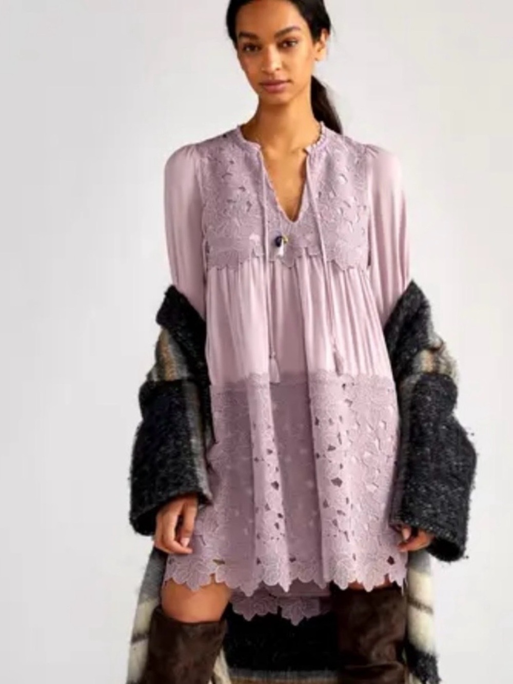 Anthropologie Lilac Lace-Detail Long Sleeve Dress